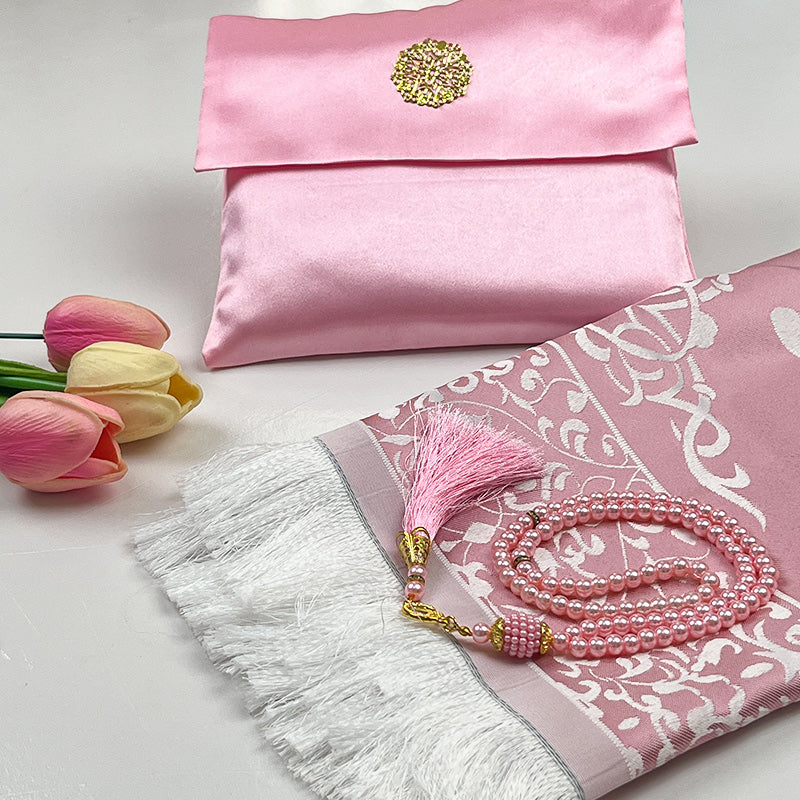 Pink Luxury Muslim Prayer Rug & Tasbih Set with Elegant Fabric Bag – Soft Janamaz Sajadah Gift