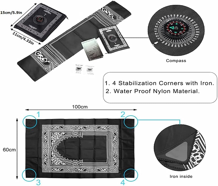 Reisebønneteppe med kompass – vanntett polyester - Svart