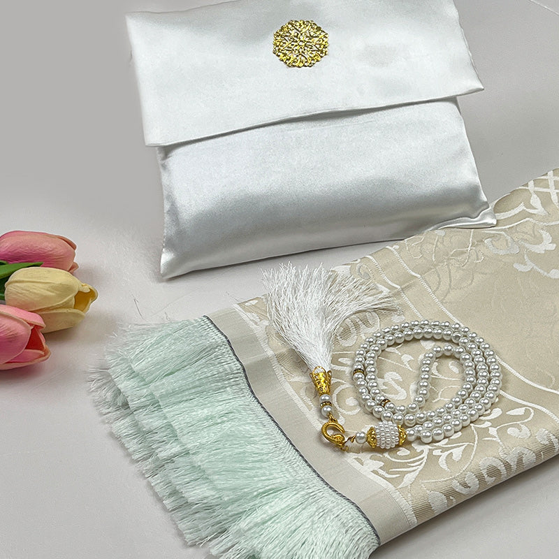 White Luxury Muslim Prayer Rug & Tasbih Set with Elegant Fabric Bag – Soft Janamaz Sajadah Gift